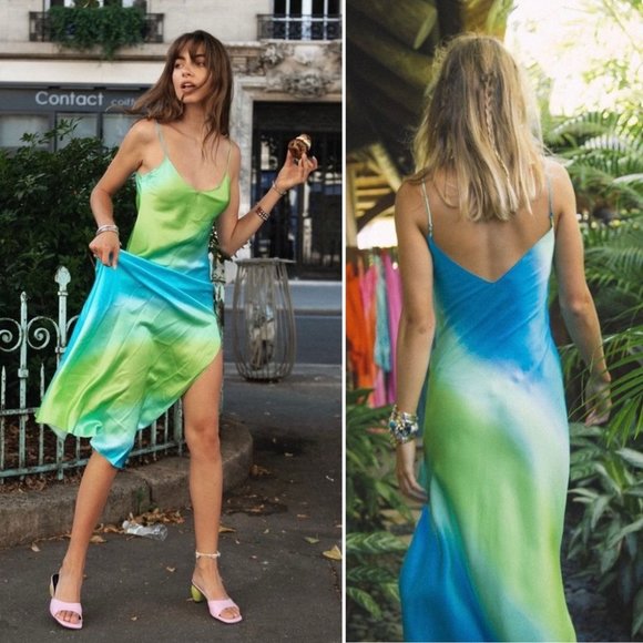 DANNIJO Dresses & Skirts - NWOT Dannijo Ombre Silk Long Maxi Slip Dress Small S Blue Green Stripe Gradient